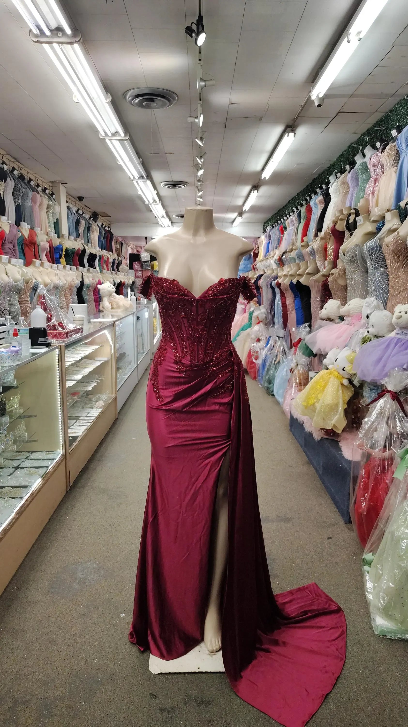 Mermaid Off-Shoulder Corset Beaded Satin Burgundy Long Prom Dress With Slit
