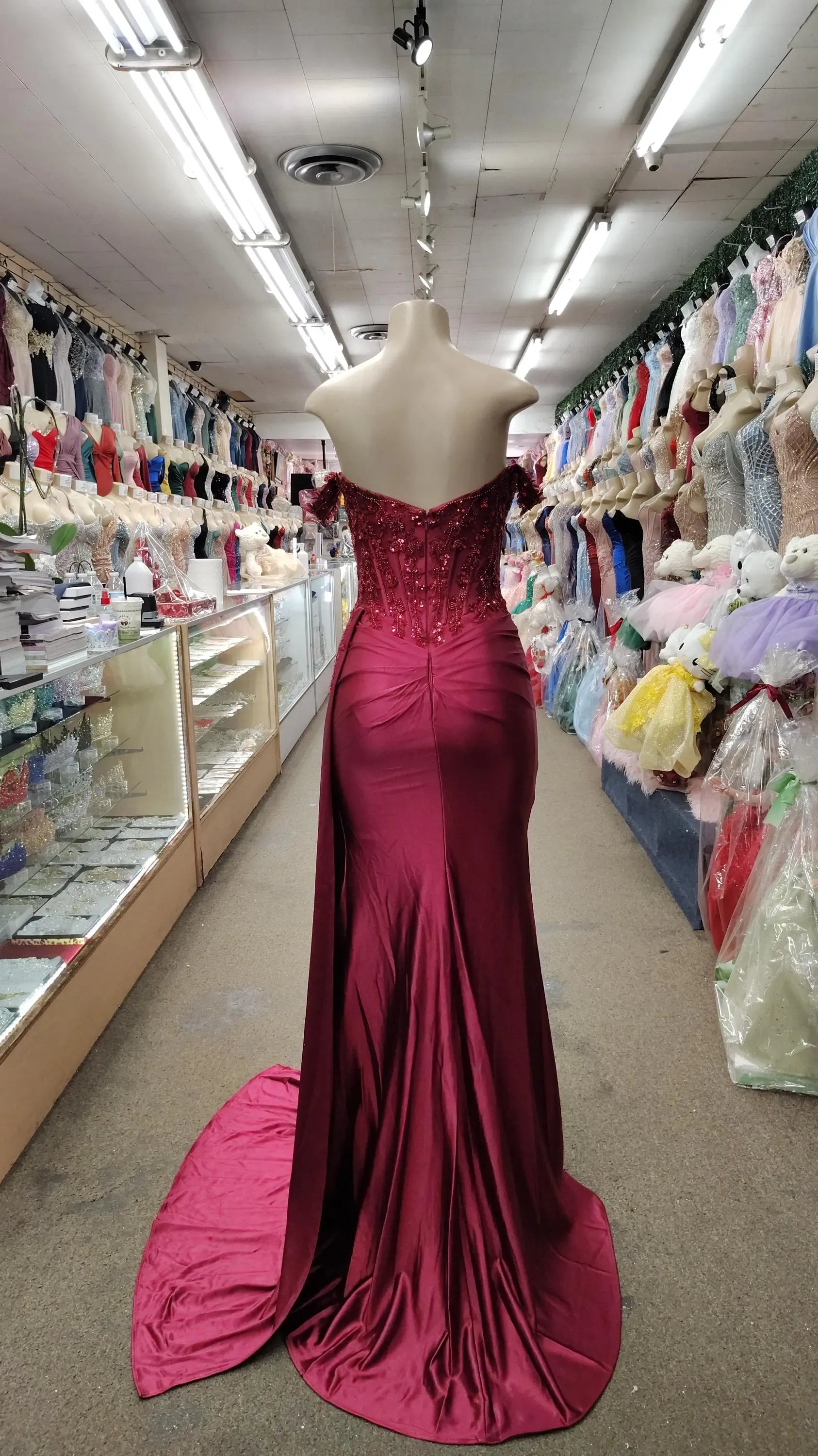 Mermaid Off-Shoulder Corset Beaded Satin Burgundy Long Prom Dress With Slit