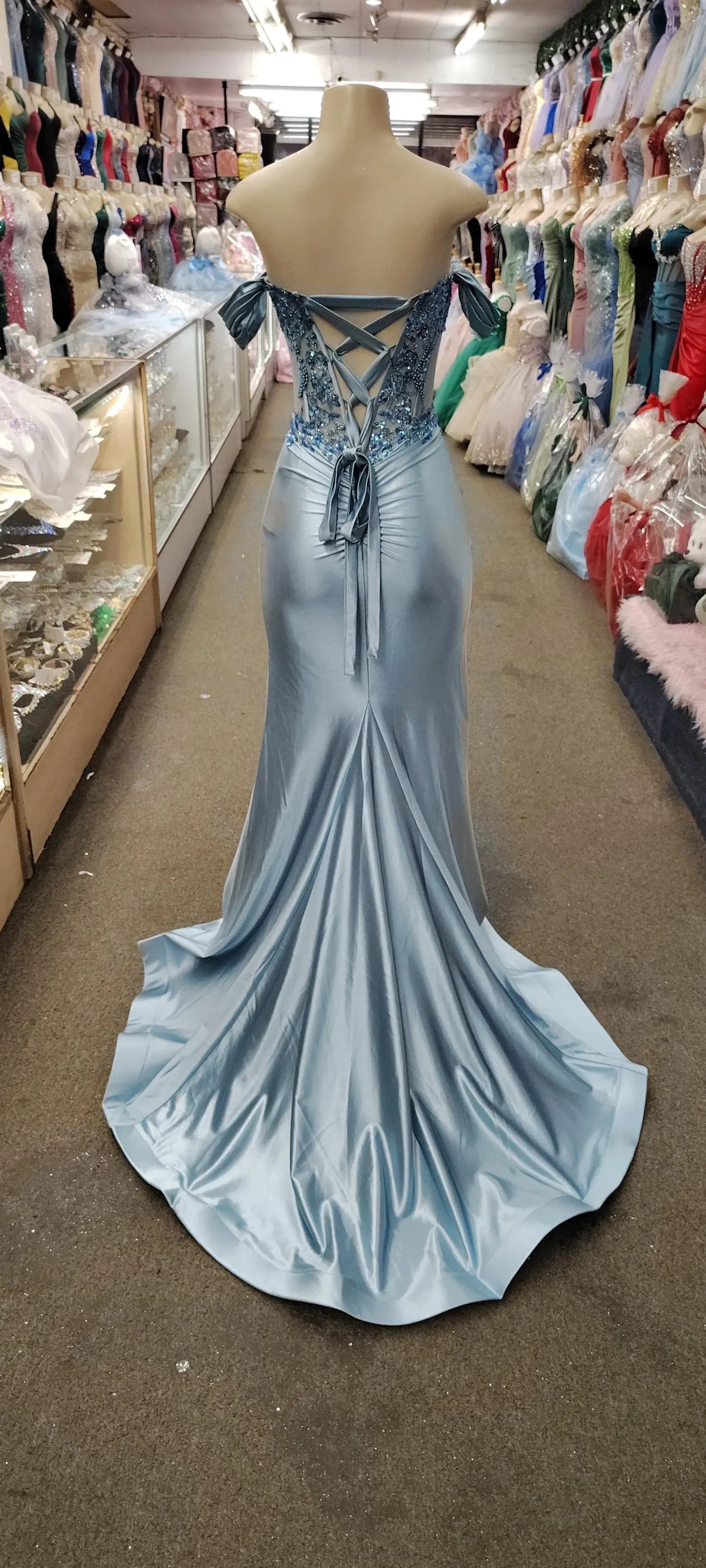 Mermaid Off-Shoulder Corset Lace Beaded Satin Light Blue Prom Dress With Train