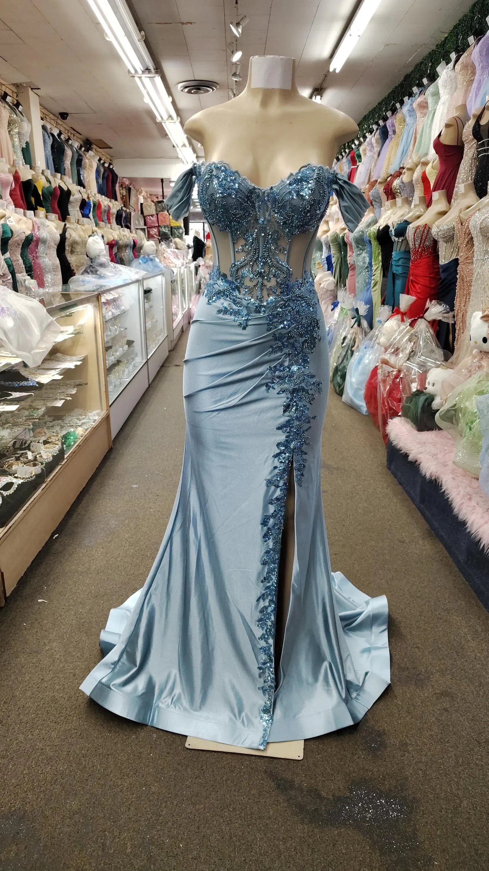 Mermaid Off-Shoulder Corset Lace Beaded Satin Light Blue Prom Dress With Train