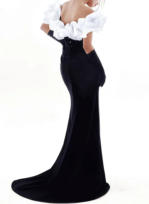 Mermaid Off-Shoulder Ruffled Satin Black Evening Dress With Sweep Train For Women