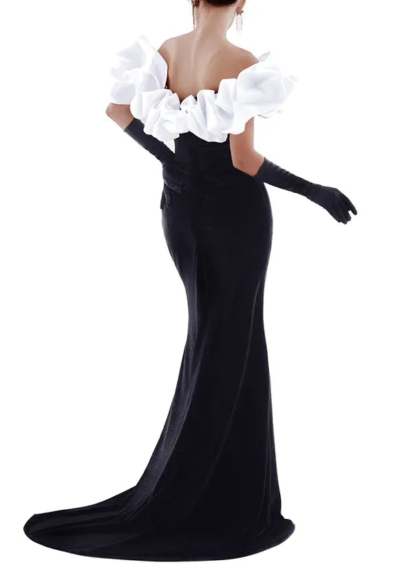 Mermaid Off-Shoulder Ruffled Satin Black Evening Dress With Sweep Train For Women