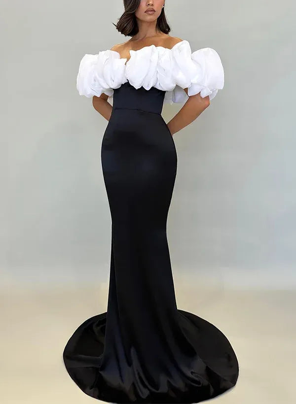 Mermaid Off-Shoulder Ruffled Satin Black Evening Dress With Sweep Train For Women