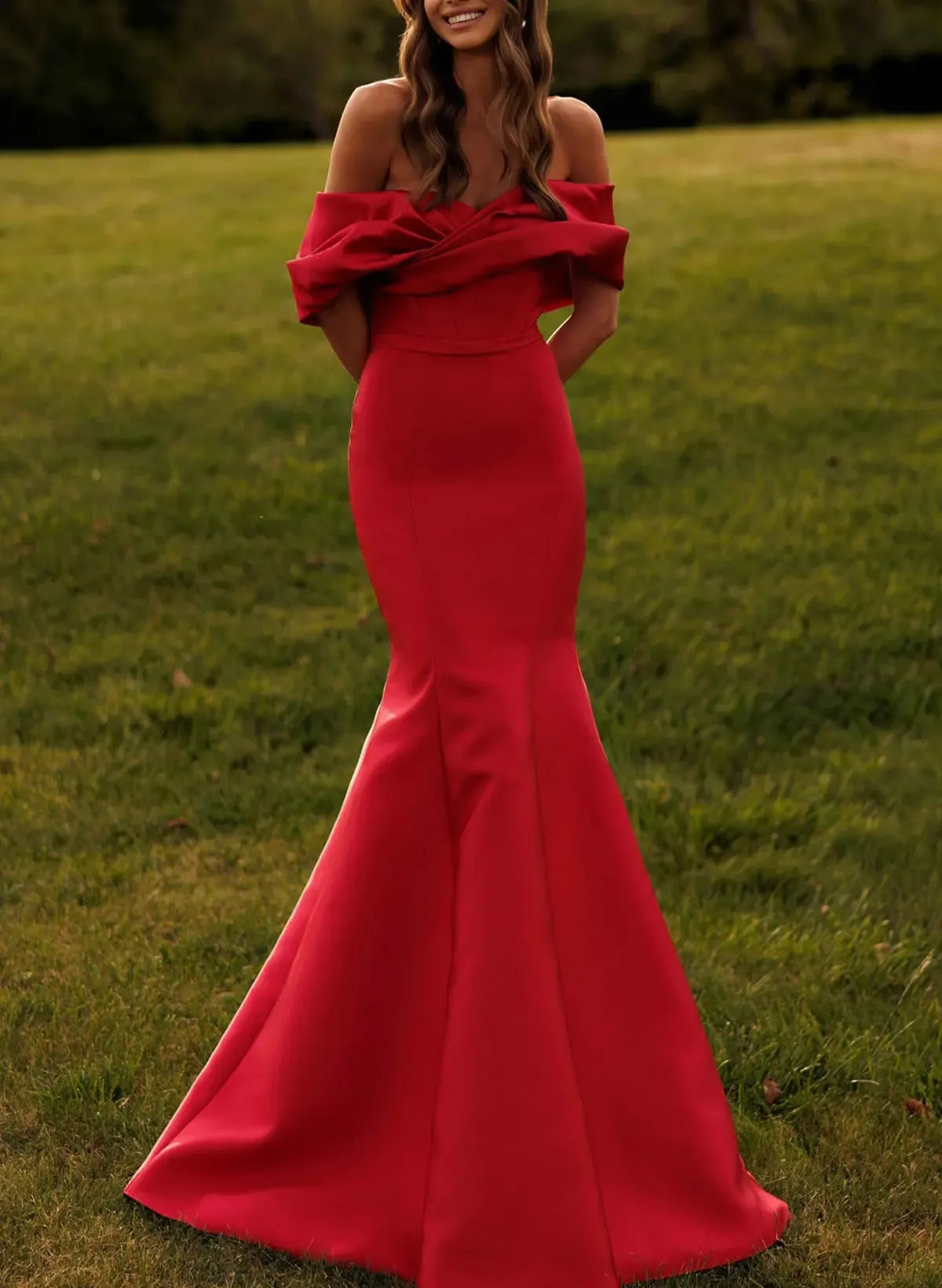 Mermaid Off-The-Shoulder Draped Trumpet Satin Red Maxi Prom Dress