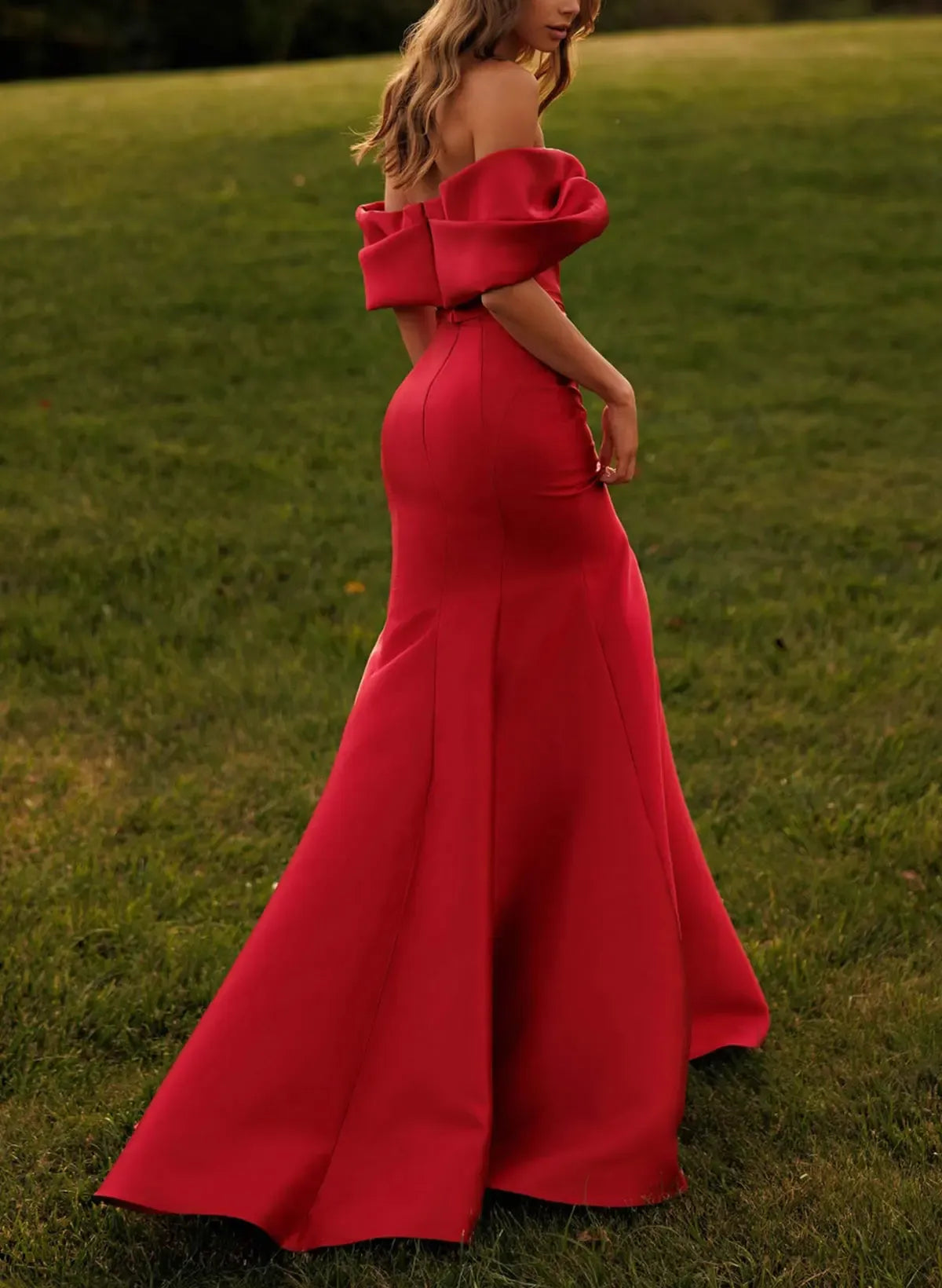 Mermaid Off-The-Shoulder Draped Trumpet Satin Red Maxi Prom Dress