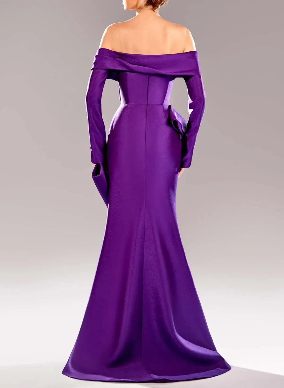 Mermaid Off-The-Shoulder Long Sleeves Ruffle Satin Purple Long Prom Dress