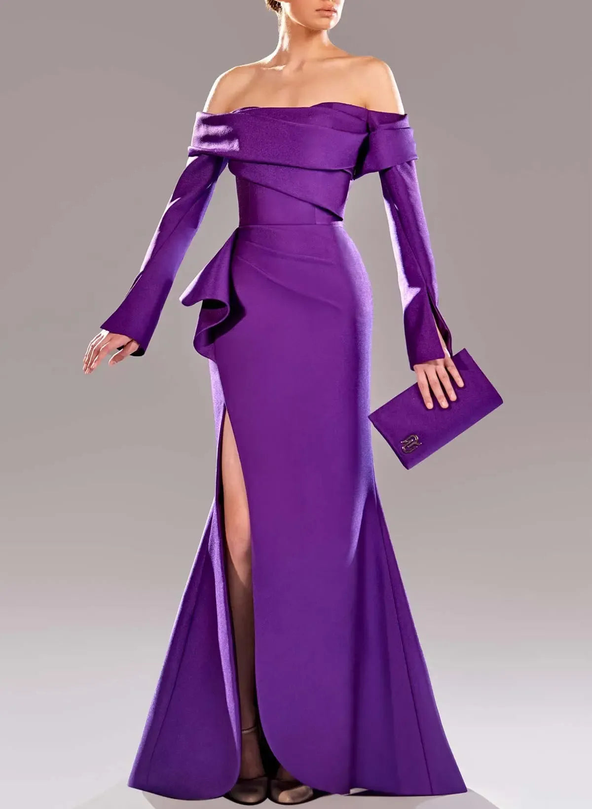 Mermaid Off-The-Shoulder Long Sleeves Ruffle Satin Purple Long Prom Dress