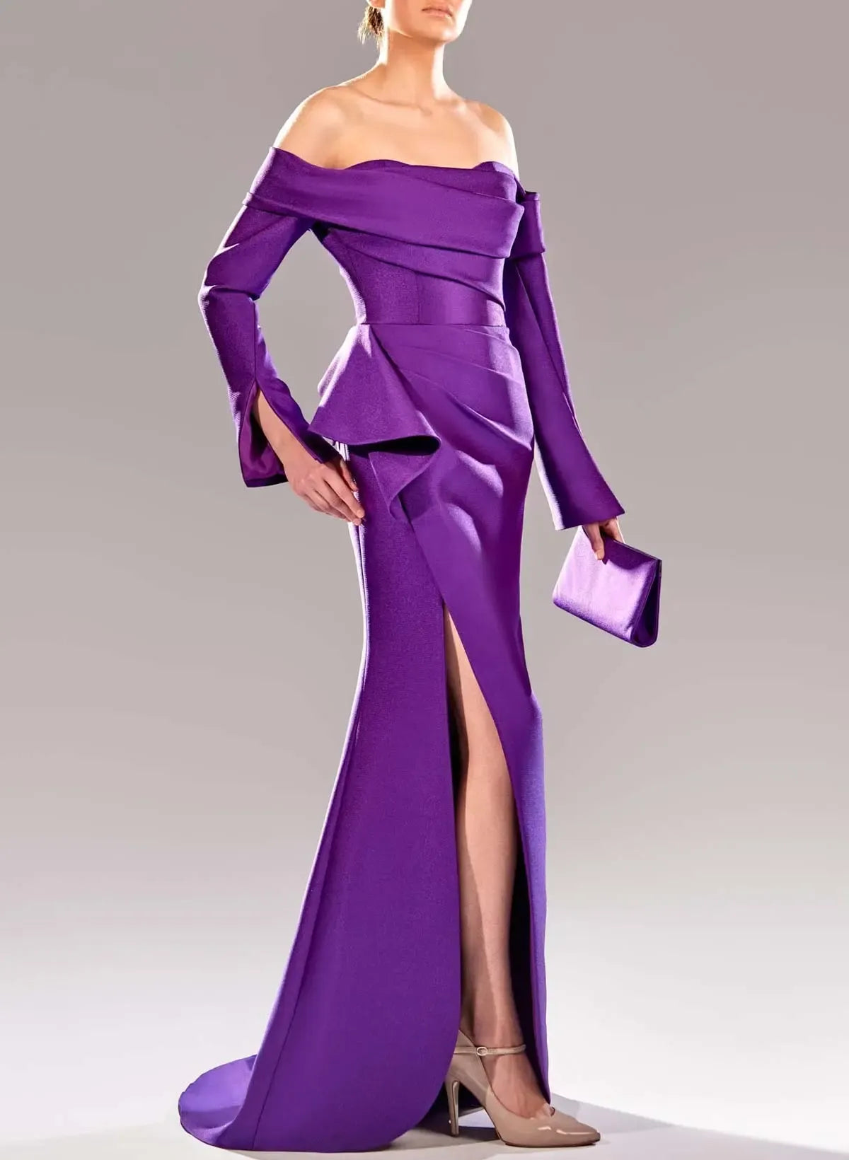 Mermaid Off-The-Shoulder Long Sleeves Ruffle Satin Purple Long Prom Dress