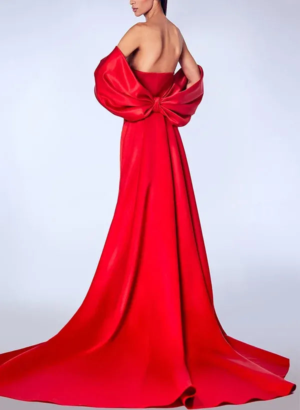 Mermaid Off-The-Shoulder Ruched High Slit Satin Red Prom Dress With Train