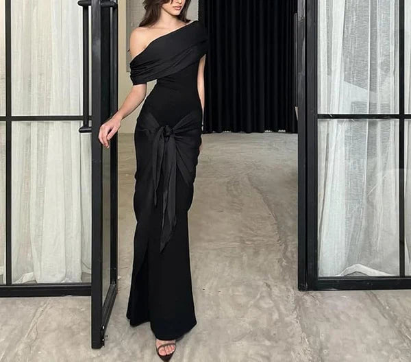 Mermaid Off-The-Shoulder Satin Black Long Mermaid Party Dress Prom Dress