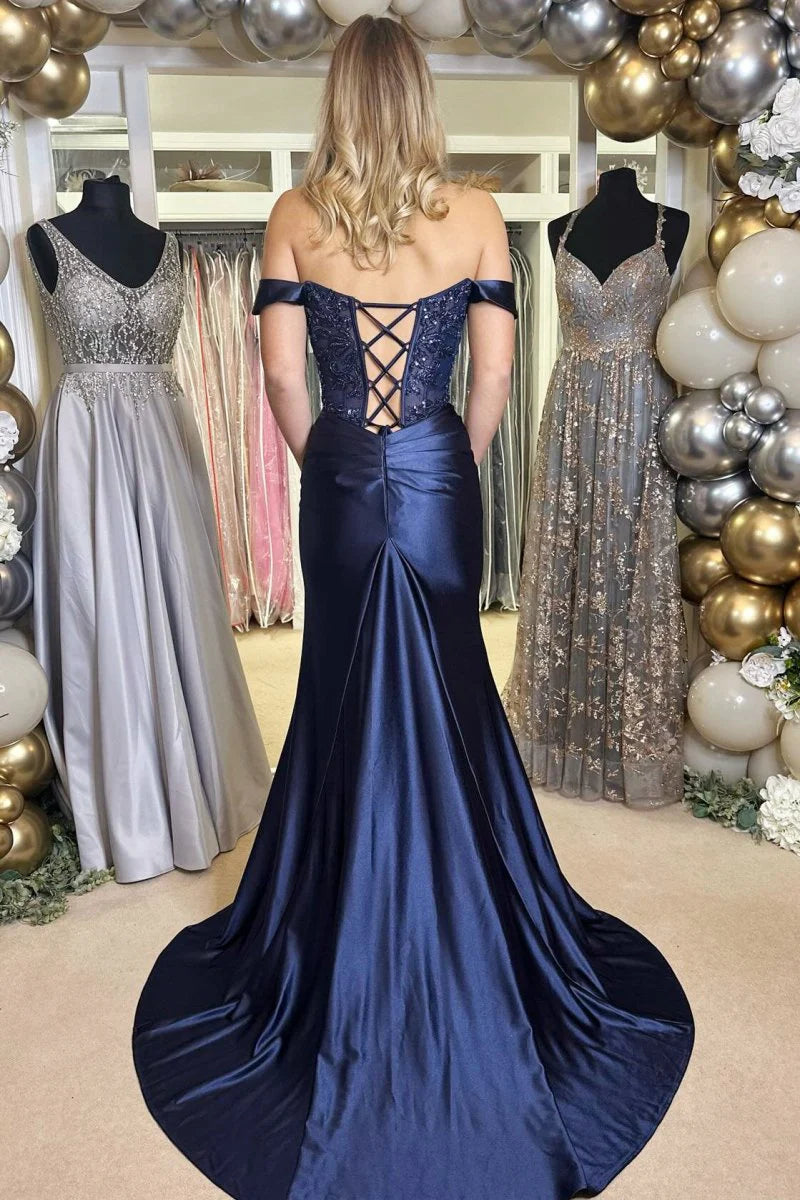 Mermaid Off-the-Shoulder Appliques Navy Blue Long Prom Dress With Slit