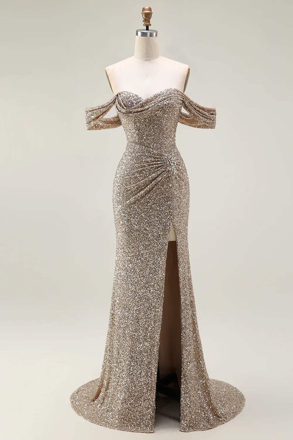 Mermaid Off-the-Shoulder Beaded Sequin Champagne Maxi Evening Dress For Sale