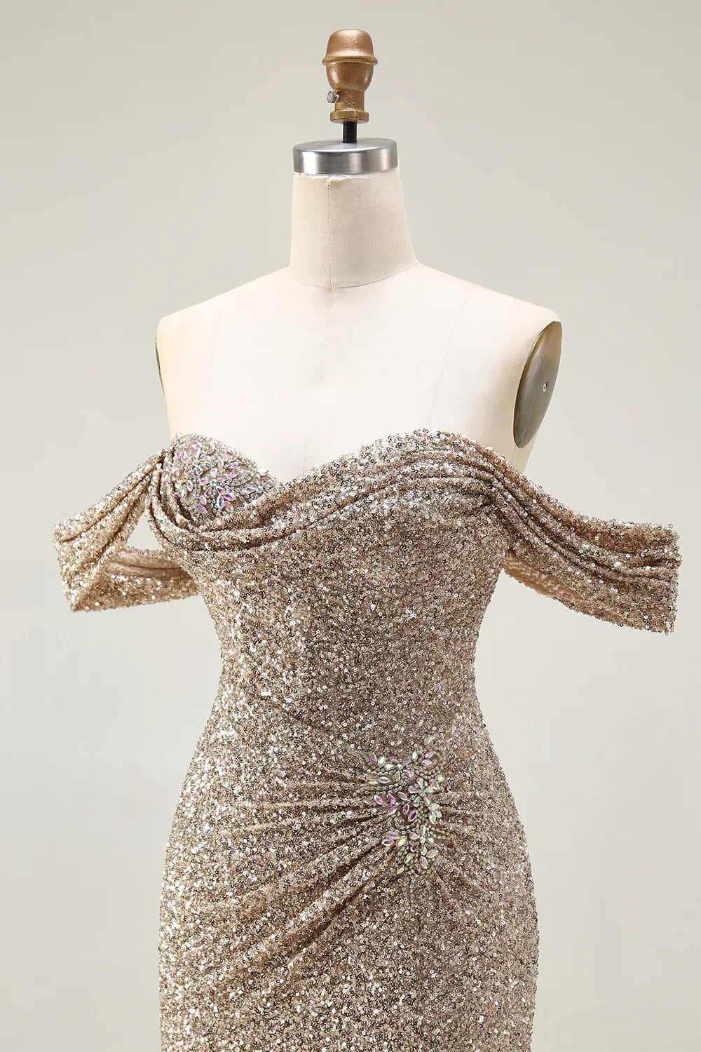 Mermaid Off-the-Shoulder Beaded Sequin Champagne Maxi Evening Dress For Sale