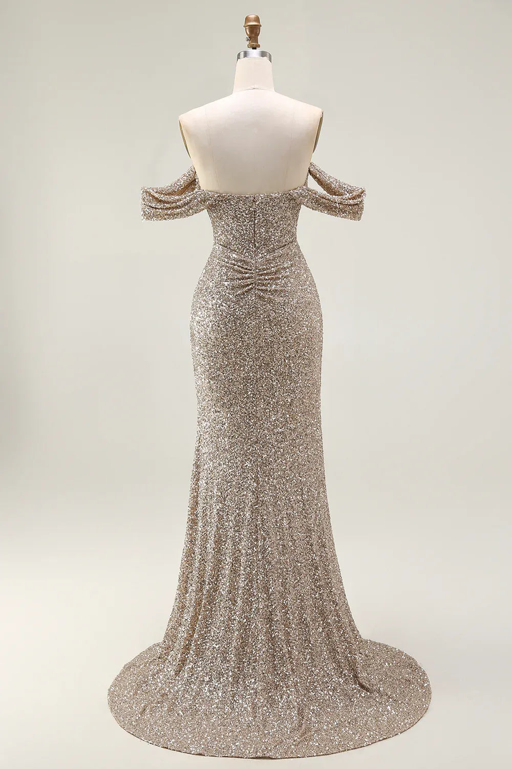 Mermaid Off-the-Shoulder Beaded Sequin Champagne Maxi Evening Dress For Sale