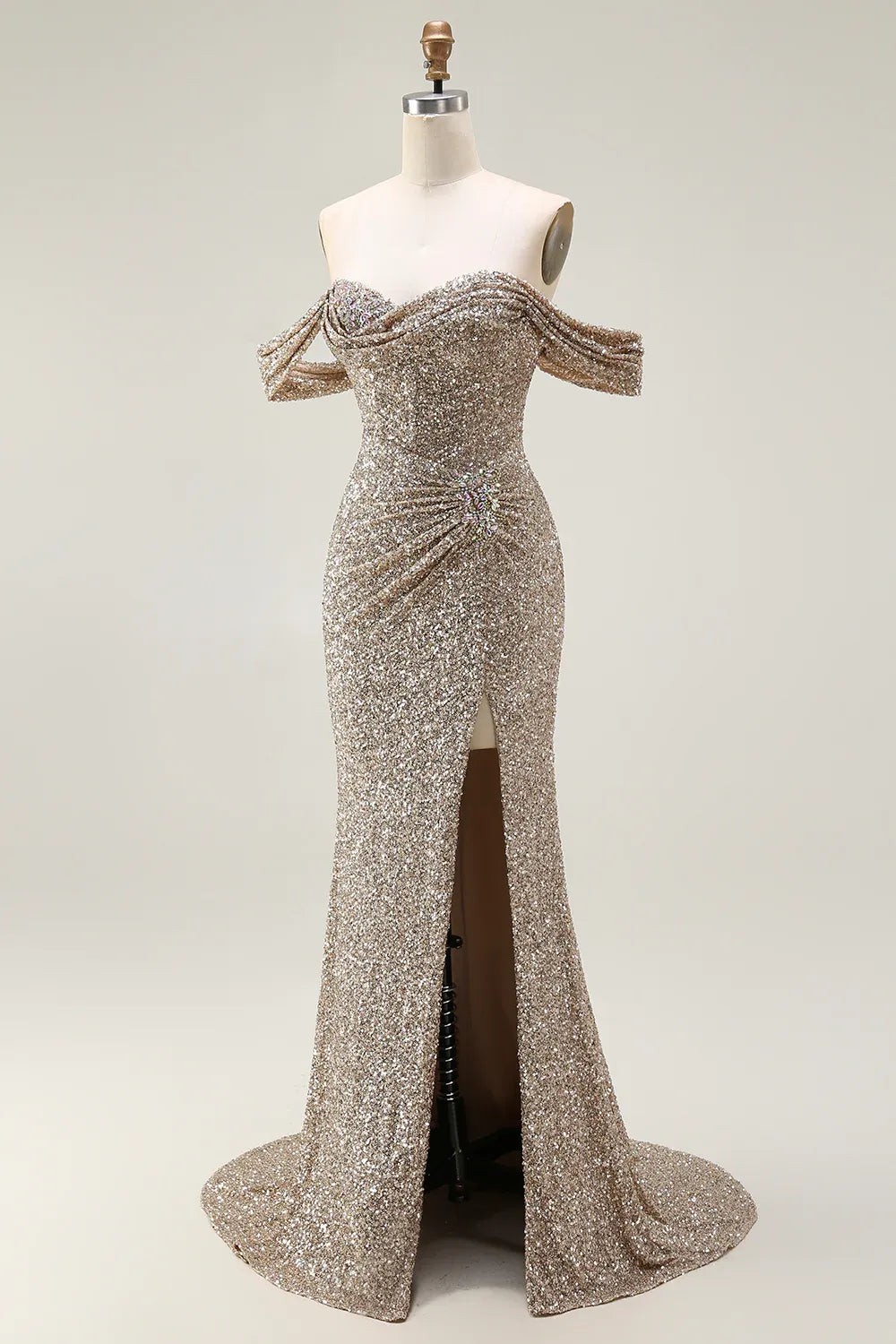 Mermaid Off-the-Shoulder Beaded Sequin Champagne Maxi Evening Dress For Sale