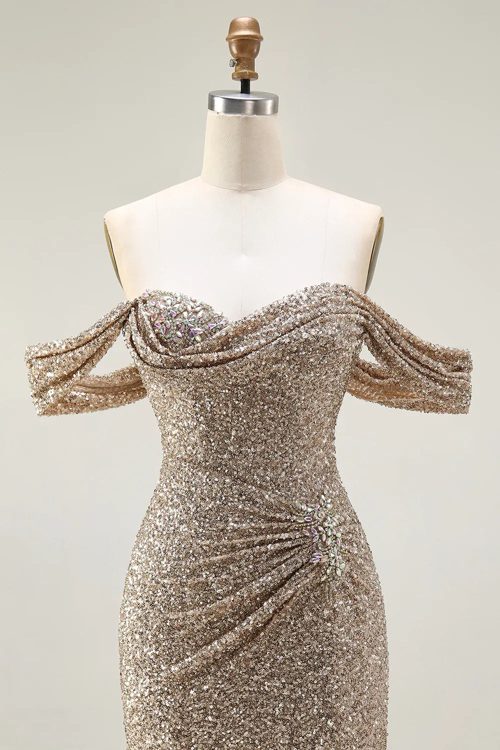 Mermaid Off-the-Shoulder Beaded Sequin Champagne Maxi Evening Dress For Sale