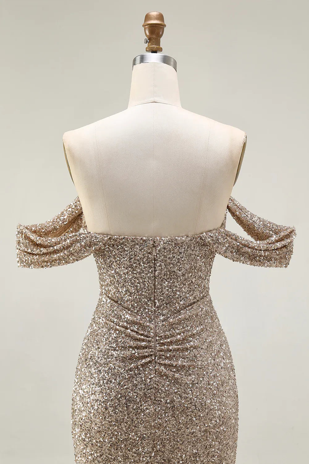 Mermaid Off-the-Shoulder Beaded Sequin Champagne Maxi Evening Dress For Sale