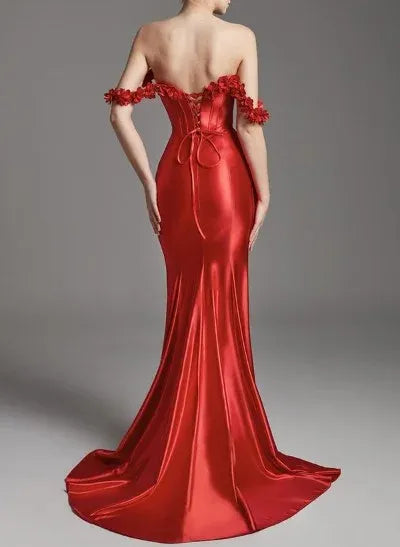 Mermaid Off-the-Shoulder Corset Floral Applique Satin Red Floor-Length Prom Dress