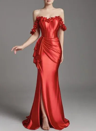 Mermaid Off-the-Shoulder Corset Floral Applique Satin Red Floor-Length Prom Dress