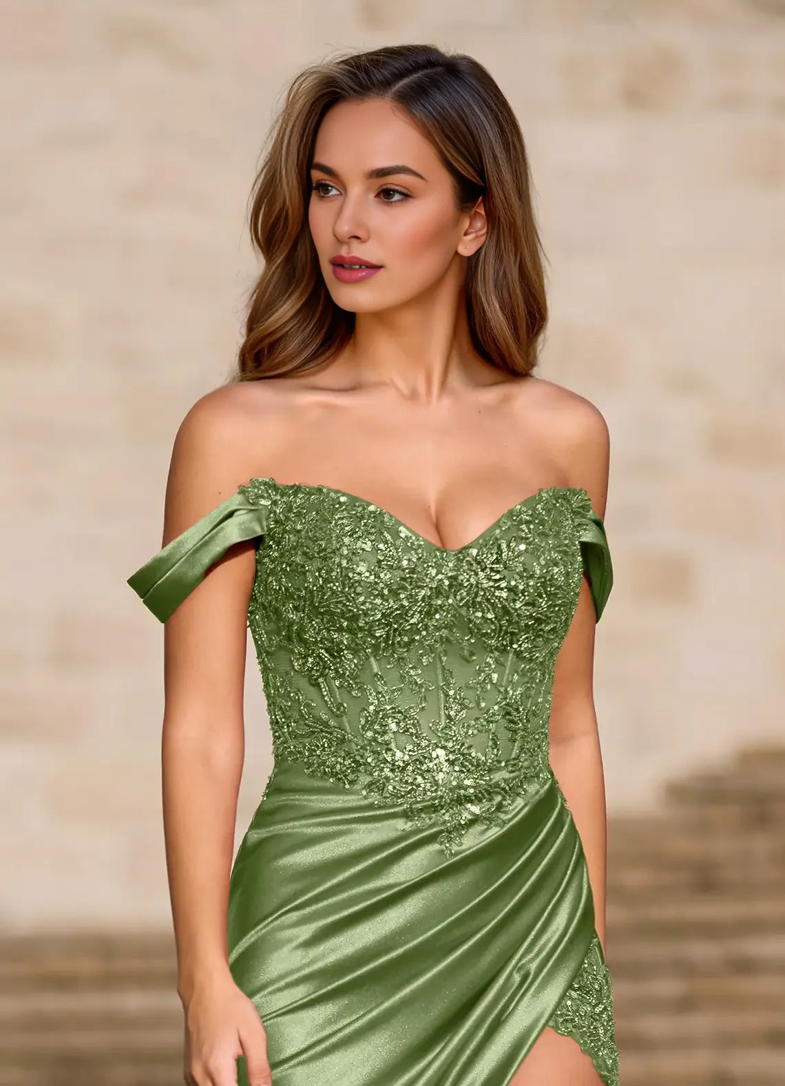 Mermaid Off-the-Shoulder Corset Floral Sequins Satin Olive Prom Dress With Slit