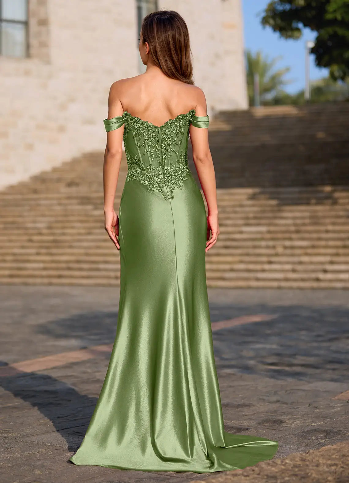 Mermaid Off-the-Shoulder Corset Floral Sequins Satin Olive Prom Dress With Slit