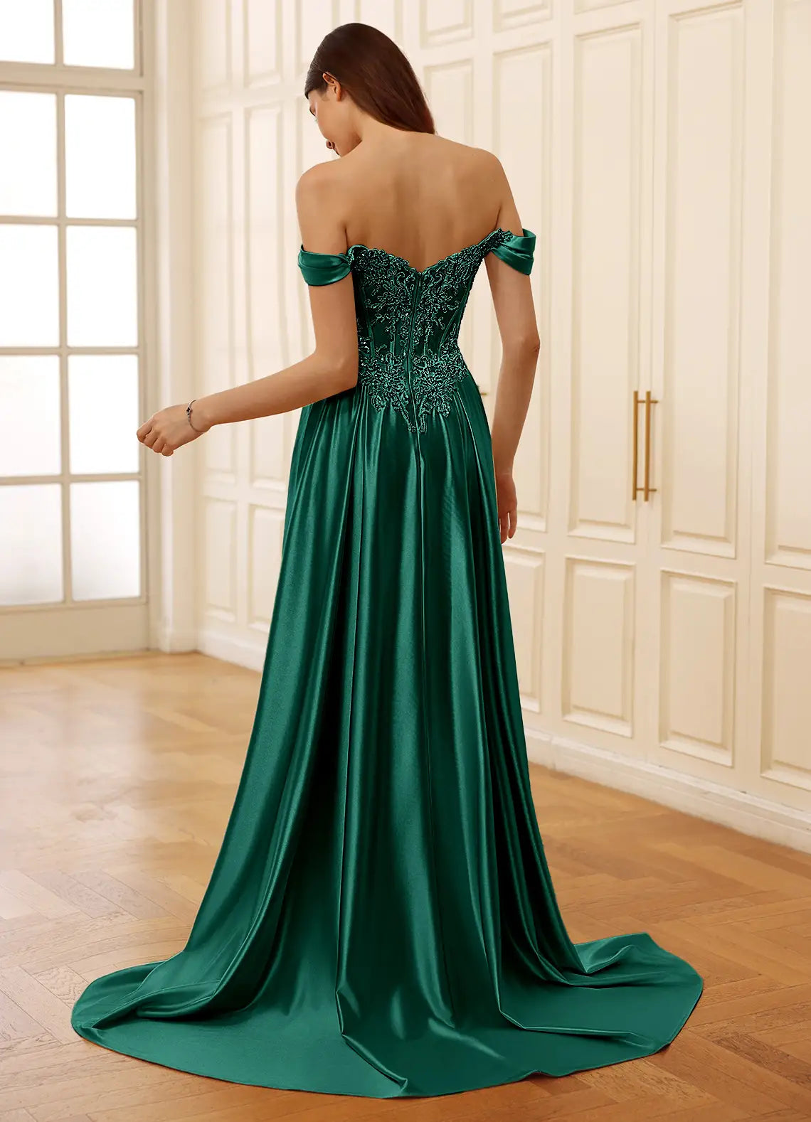 Mermaid Off-the-Shoulder Corset Sequins Applique Satin Green Prom Dress