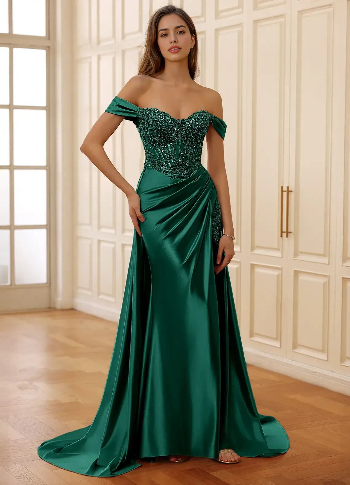 Mermaid Off-the-Shoulder Corset Sequins Applique Satin Green Prom Dress