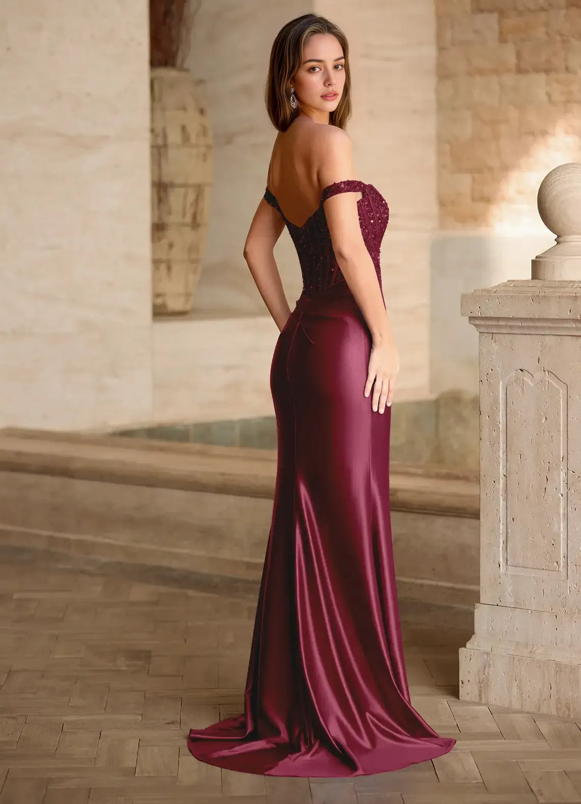 Mermaid Off-the-Shoulder Corset Sequins Satin Burgundy Prom Dress