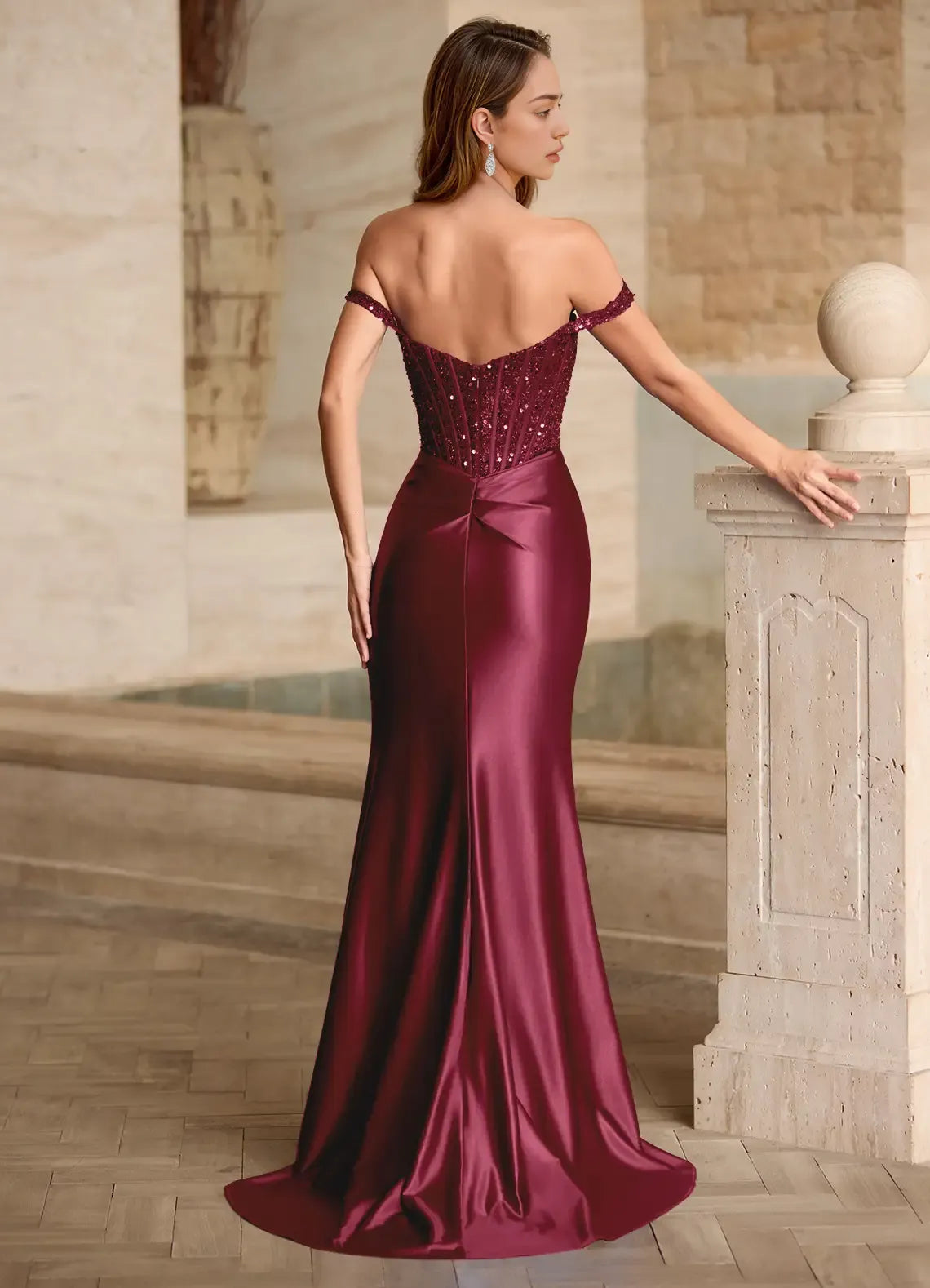 Mermaid Off-the-Shoulder Corset Sequins Satin Burgundy Prom Dress