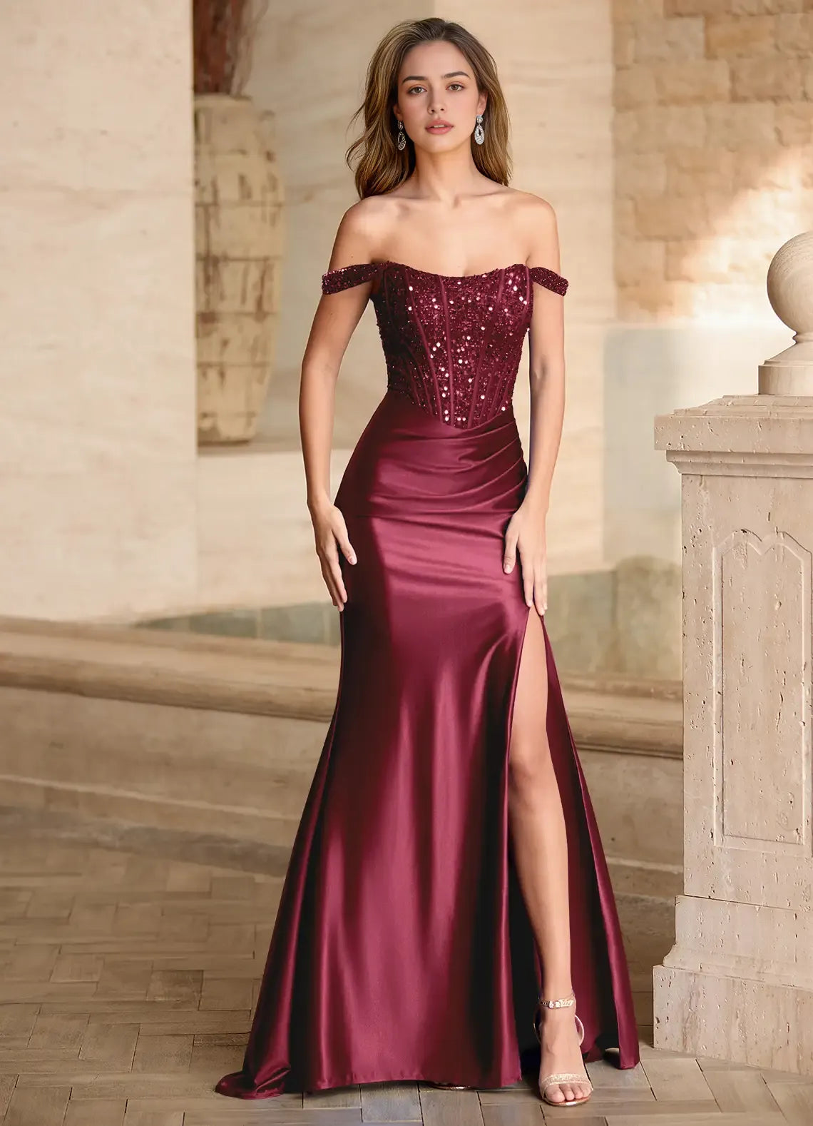 Mermaid Off-the-Shoulder Corset Sequins Satin Burgundy Prom Dress