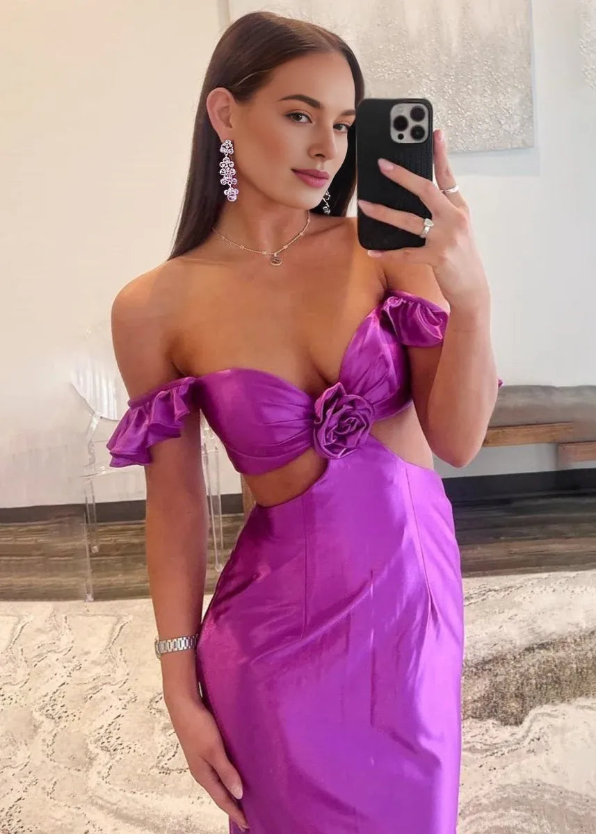 Mermaid Off-the-Shoulder Cutout Satin Violet Floor-Length Prom Dress