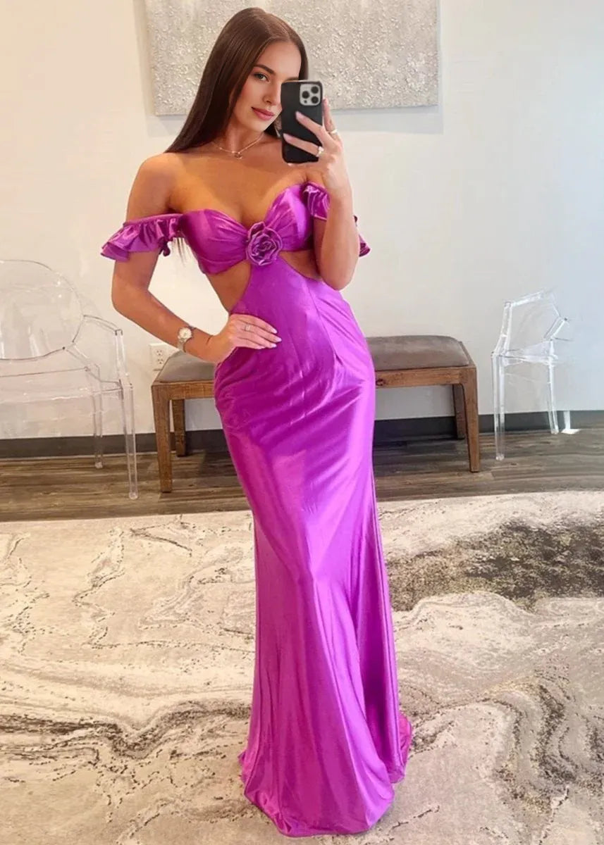 Mermaid Off-the-Shoulder Cutout Satin Violet Floor-Length Prom Dress