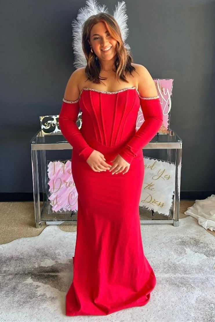 Mermaid Off-the-Shoulder Long Sleeve Beaded Aqua Evening Dress With Train
