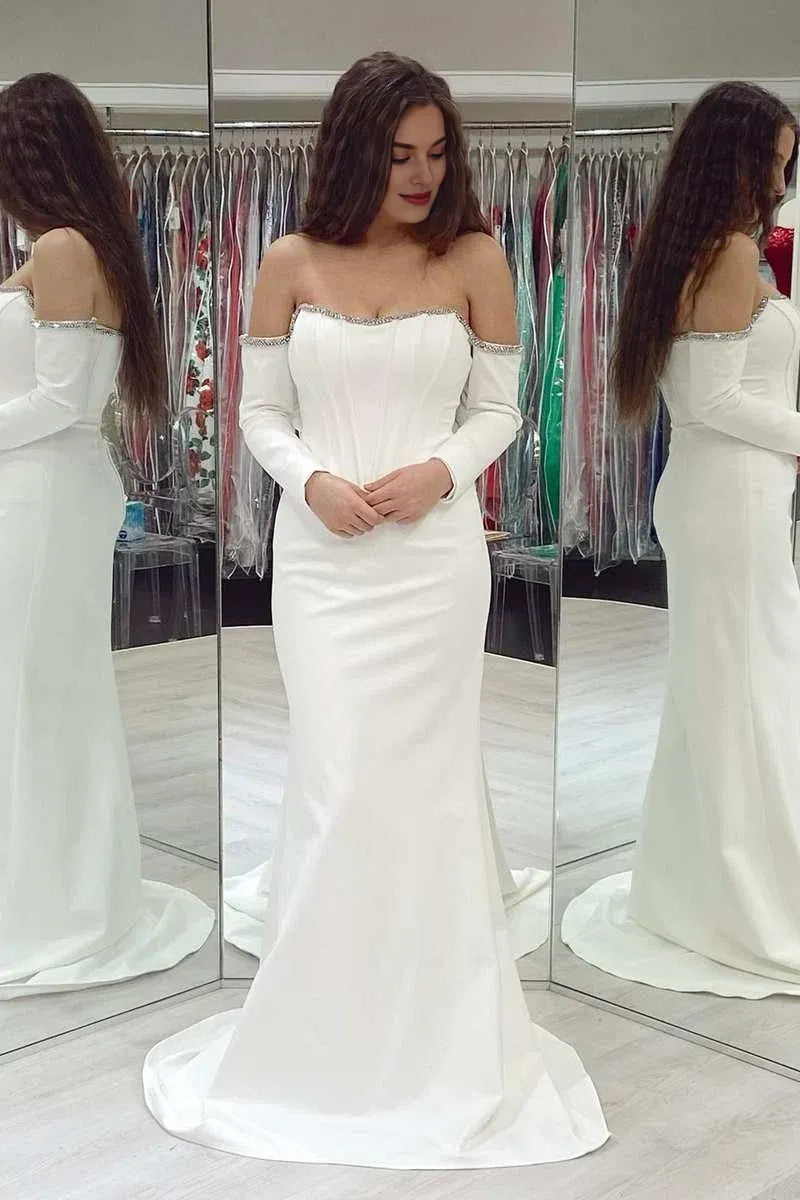 Mermaid Off-the-Shoulder Long Sleeve Beaded Aqua Evening Dress With Train