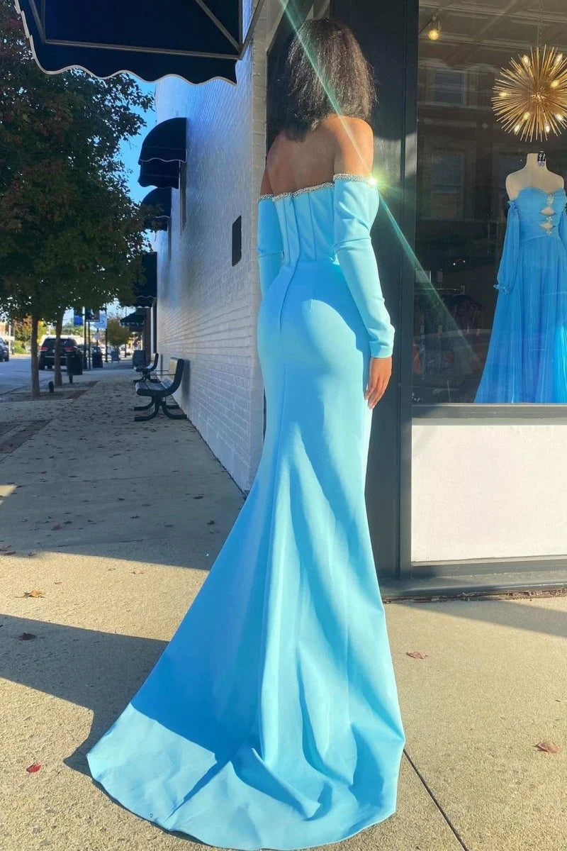 Mermaid Off-the-Shoulder Long Sleeve Beaded Aqua Evening Dress With Train