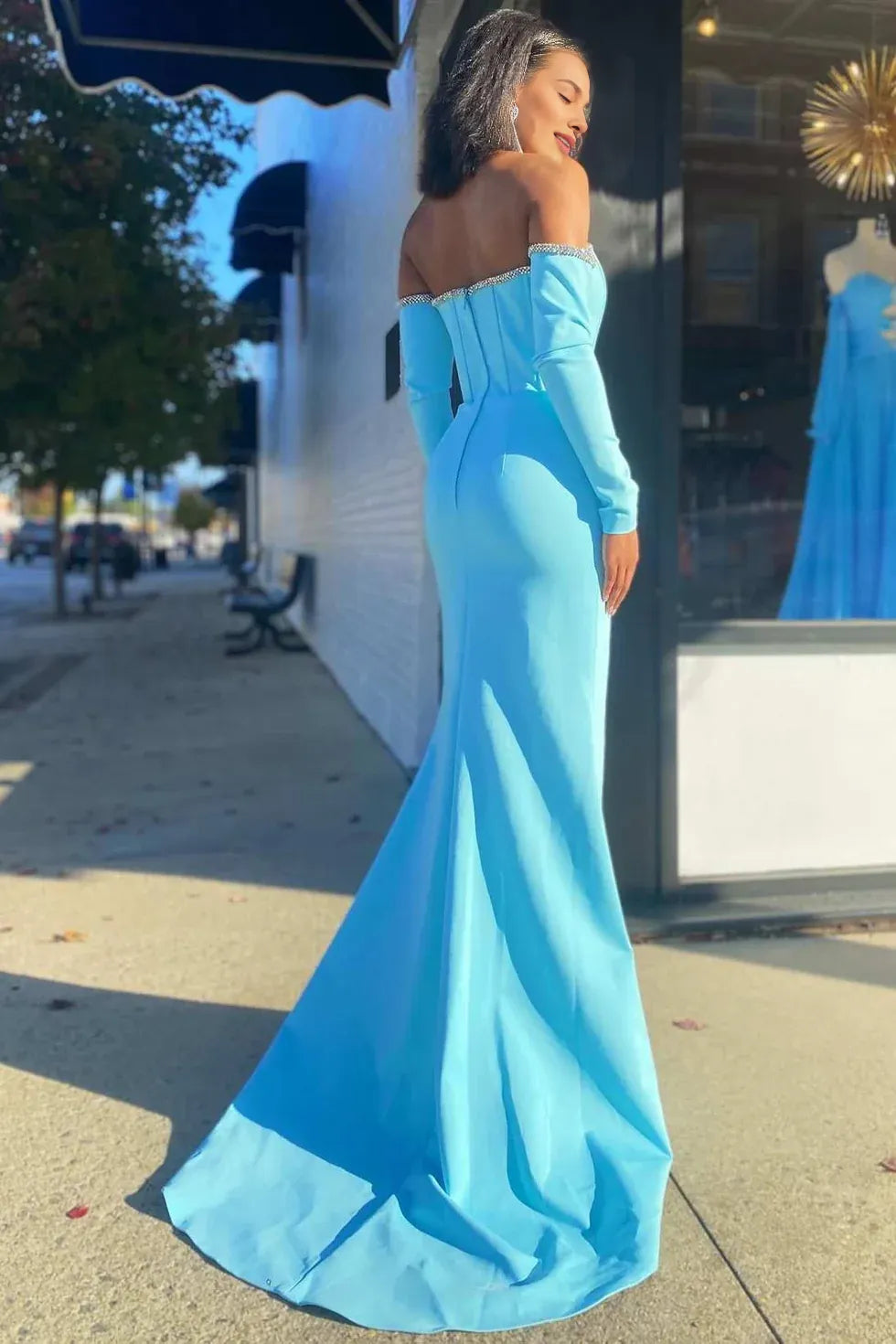 Mermaid Off-the-Shoulder Long Sleeve Beaded Aqua Evening Dress With Train