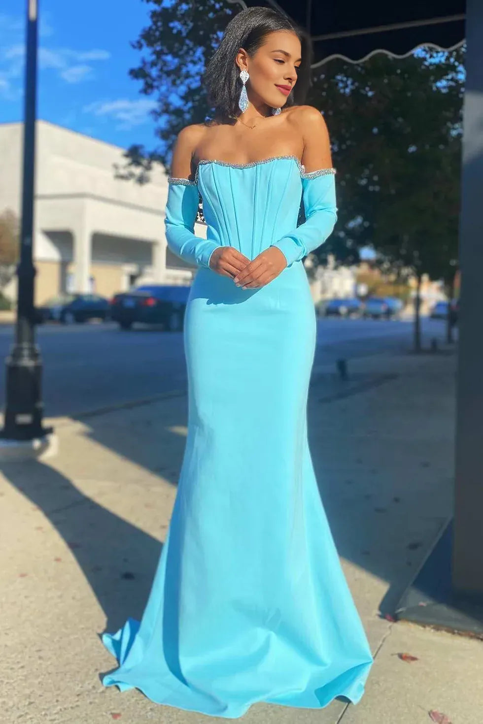 Mermaid Off-the-Shoulder Long Sleeve Beaded Aqua Evening Dress With Train