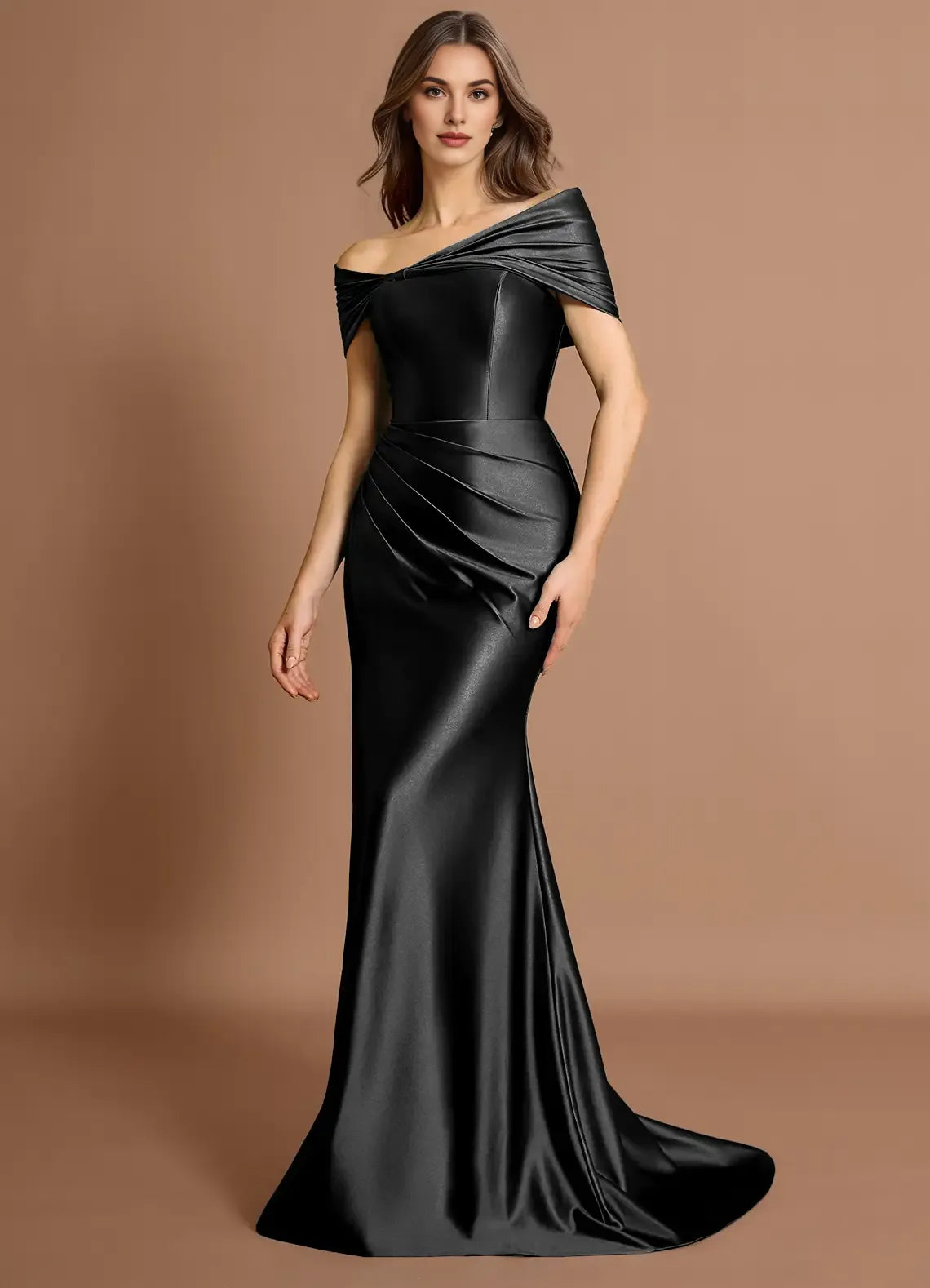 Mermaid Off-the-Shoulder Pleated Satin Black Maxi Evening Dress With Slit