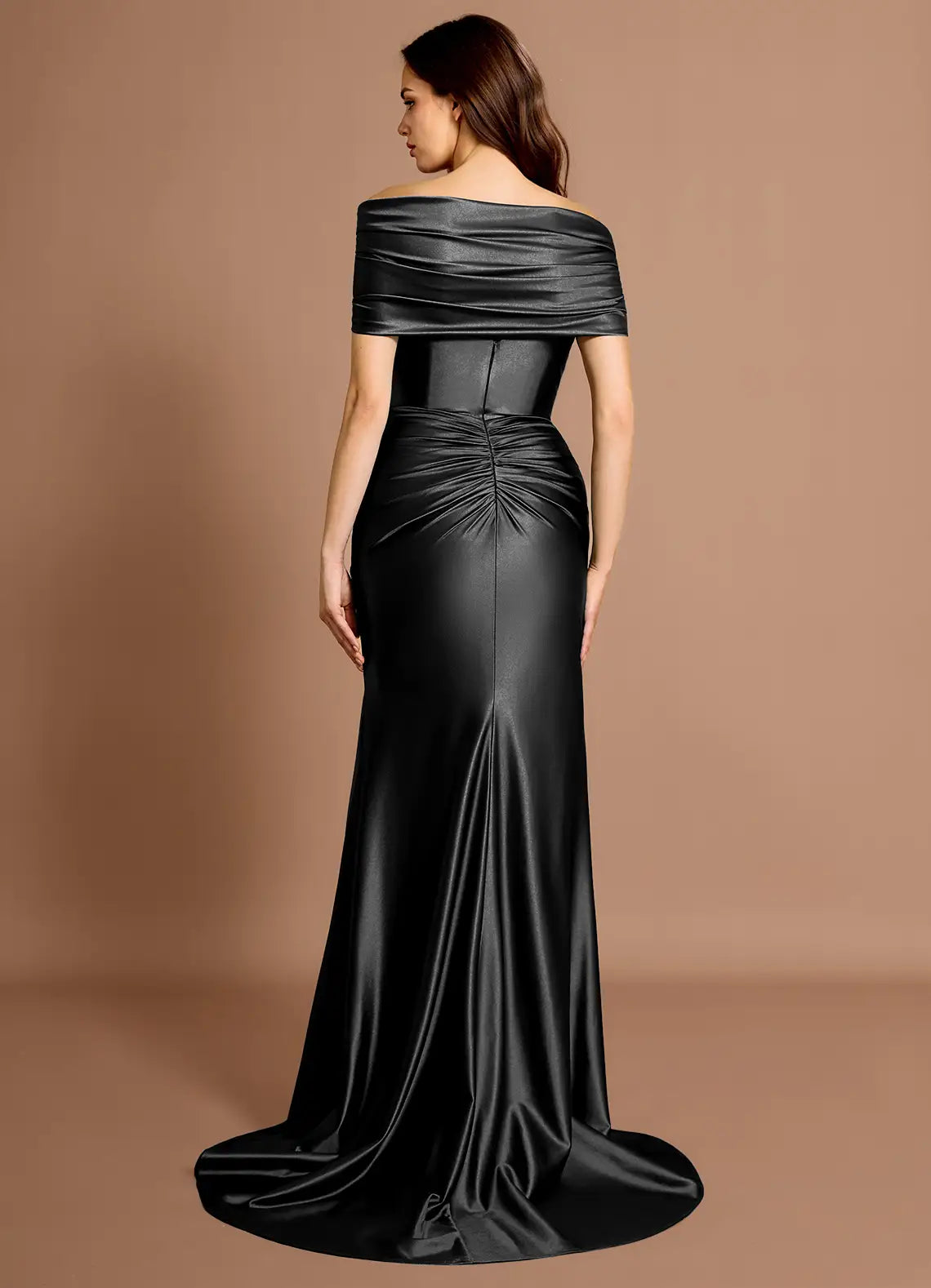 Mermaid Off-the-Shoulder Pleated Satin Black Maxi Evening Dress With Slit
