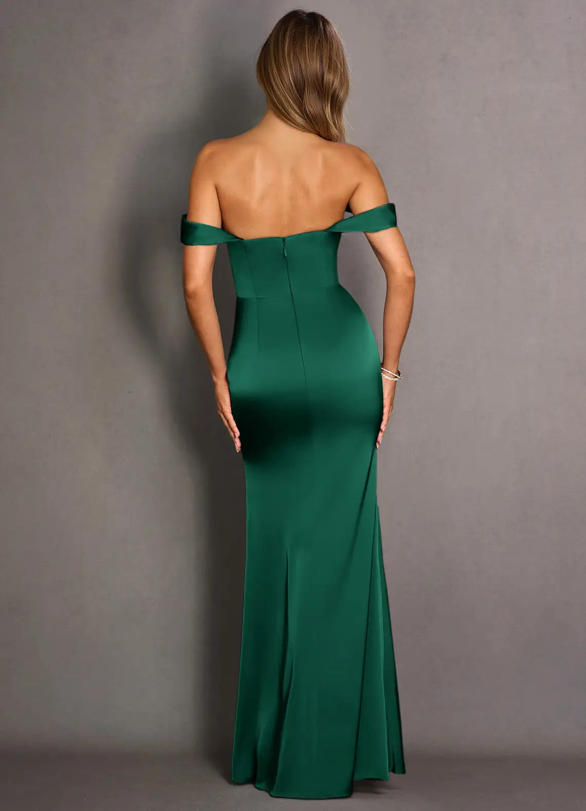 Mermaid Off-the-Shoulder Pleated Satin Hunter Green Maxi Evening Dress