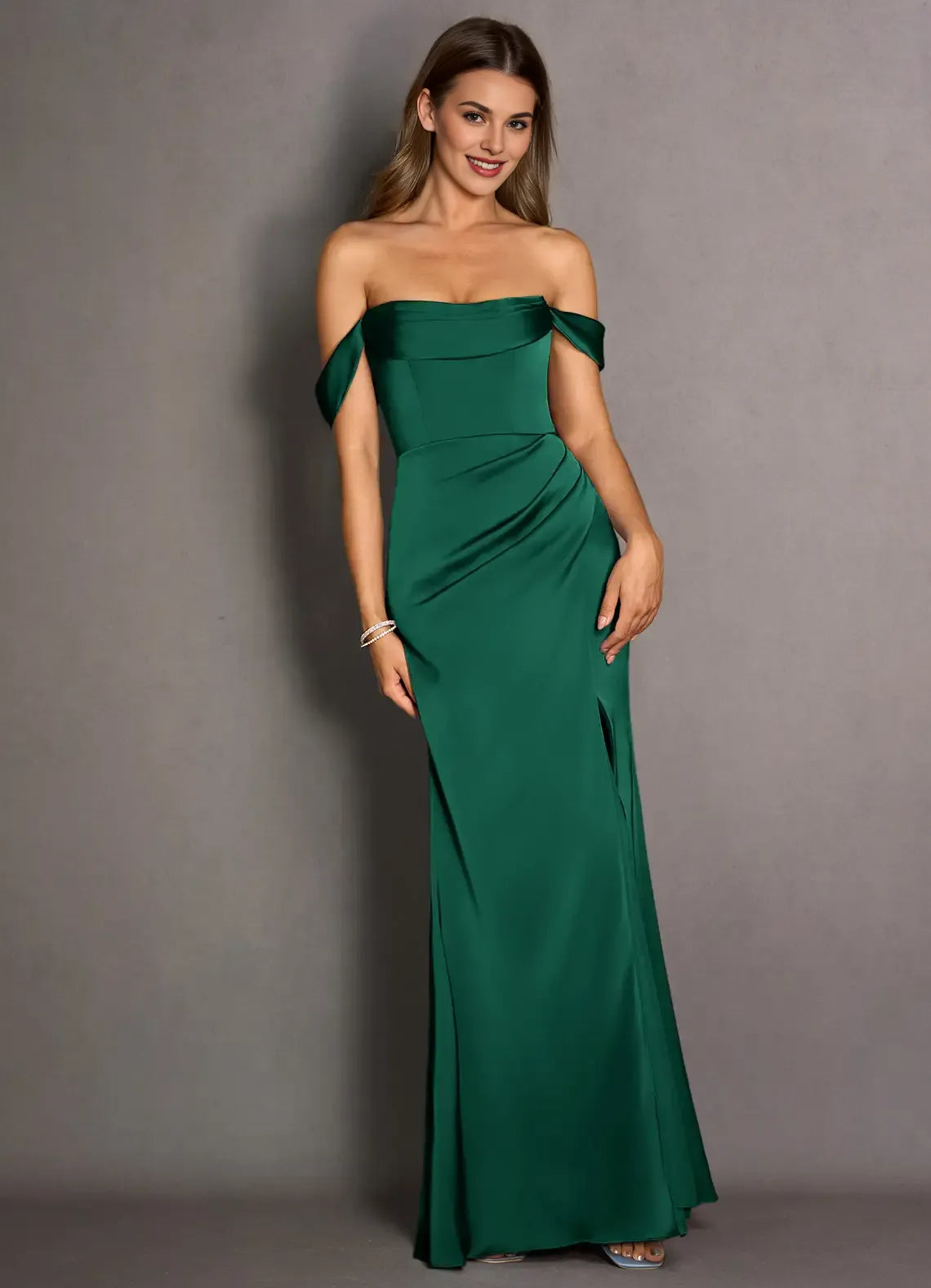 Mermaid Off-the-Shoulder Pleated Satin Hunter Green Maxi Evening Dress