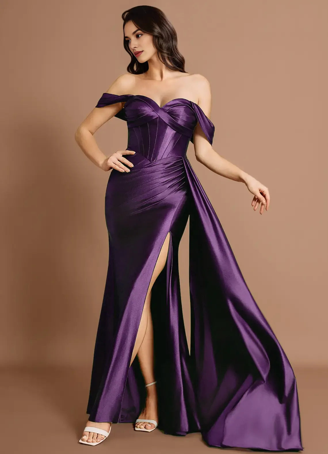 Mermaid Off-the-Shoulder Satin Dark Purple Maxi Evening Dress With Streamer