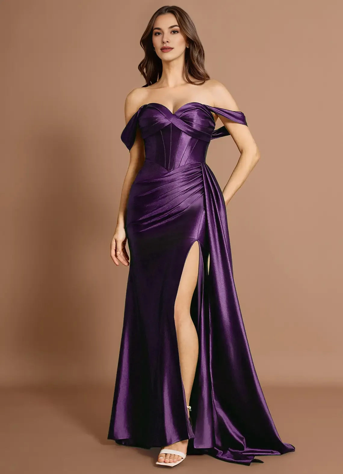 Mermaid Off-the-Shoulder Satin Dark Purple Maxi Evening Dress With Streamer