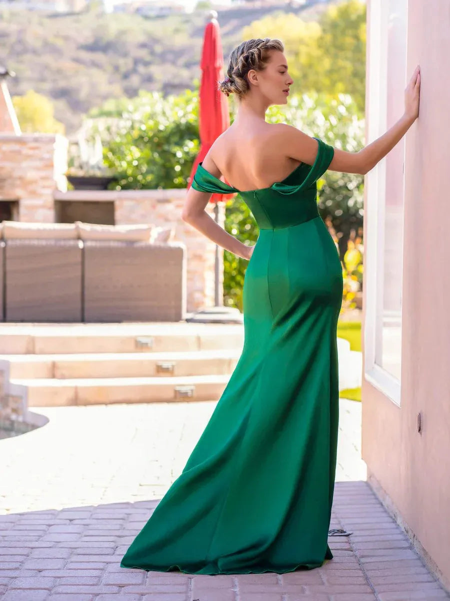 Mermaid Off-the-Shoulder Satin Hunter Green Floor Length Evening Dress