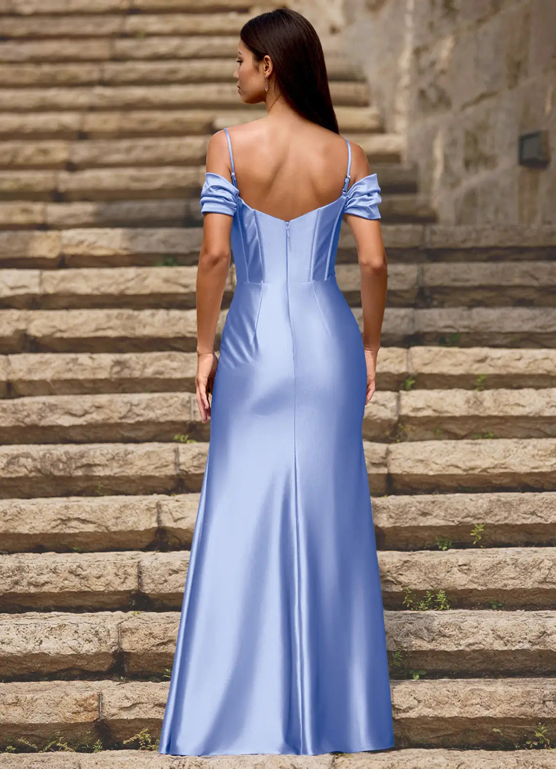 Mermaid Off-the-Shoulder Satin Light Blue Maxi Prom Dress With Slit