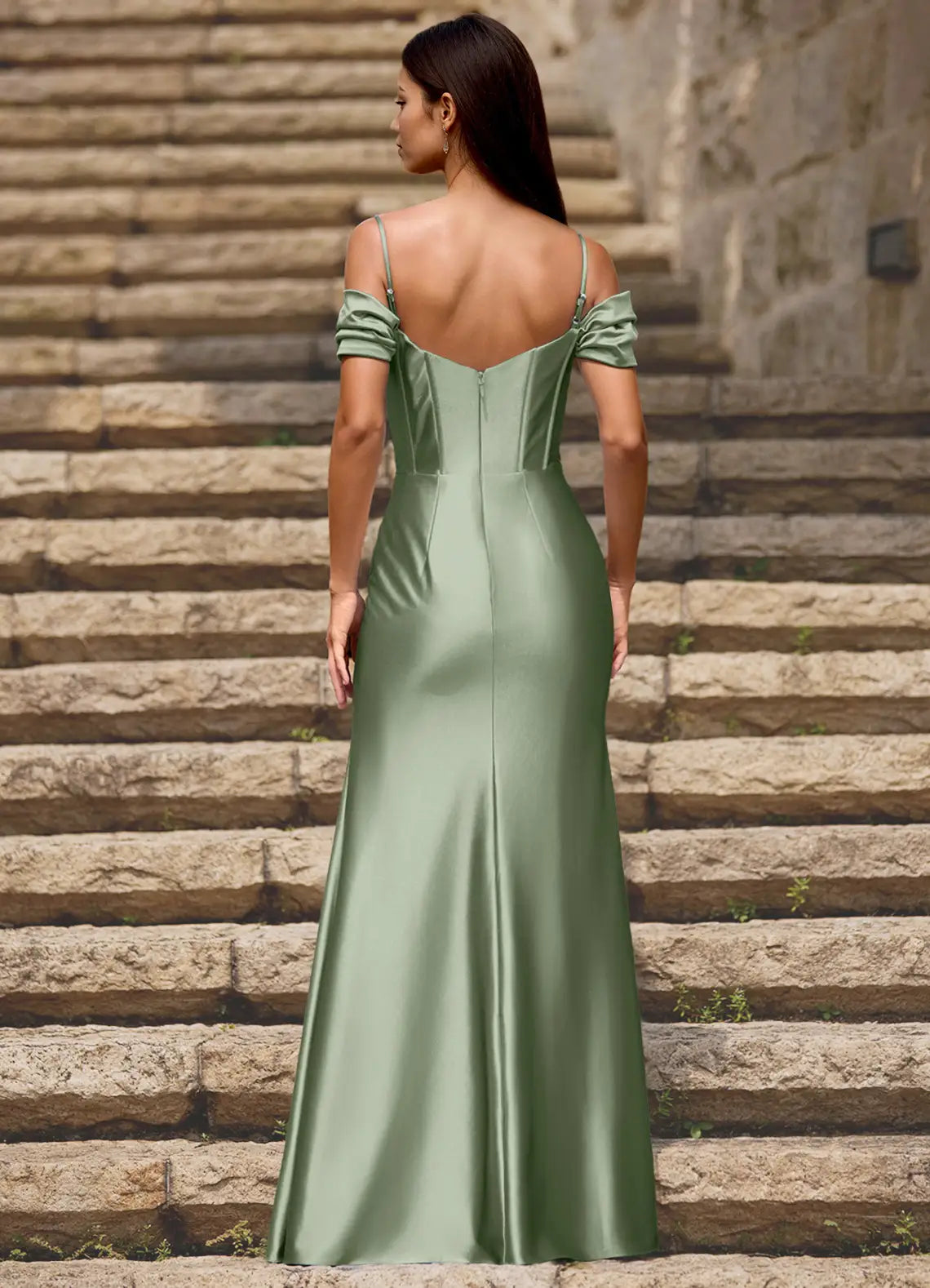 Mermaid Off-the-Shoulder Satin Mint Green Maxi Prom Dress With Slit
