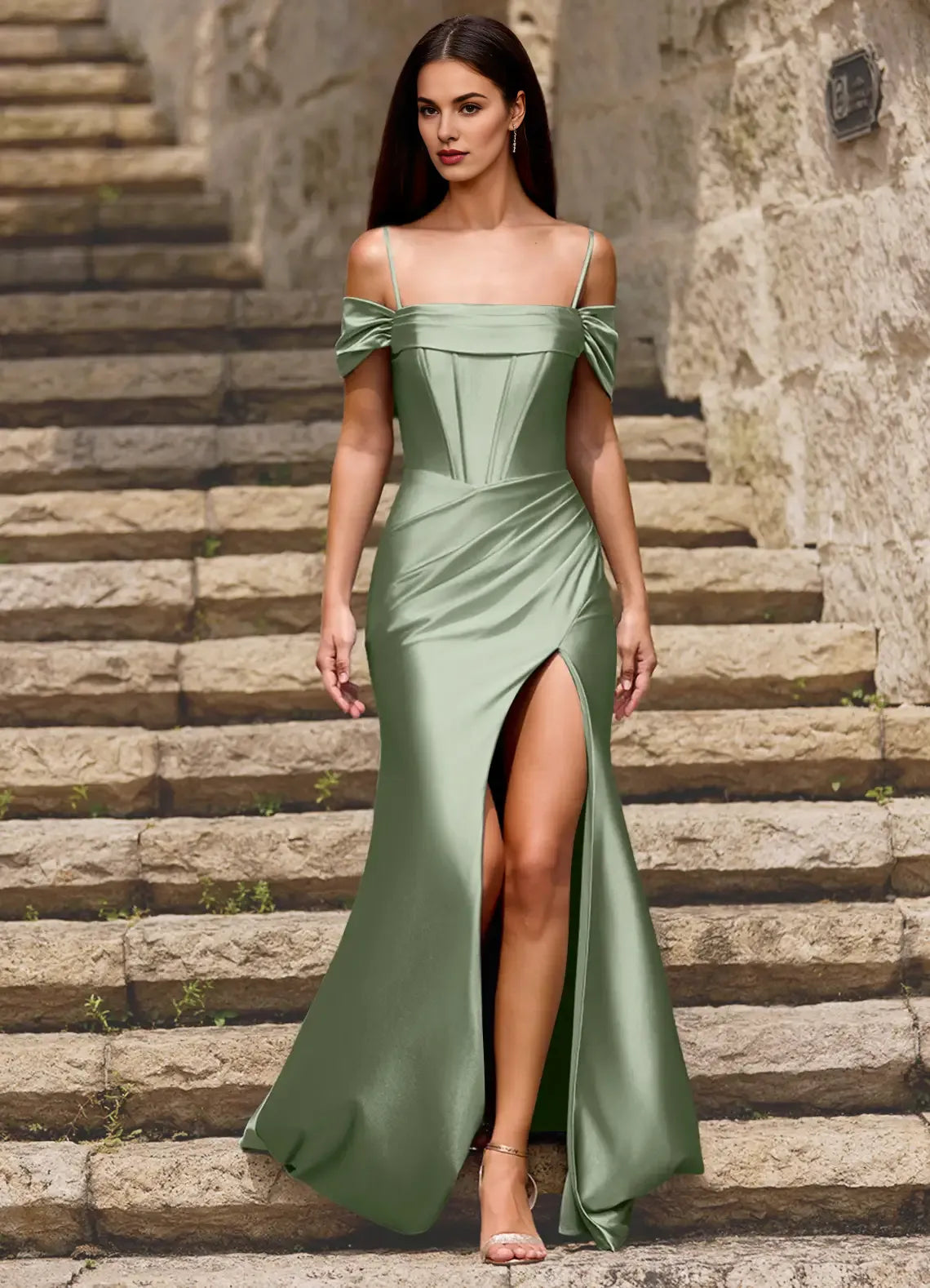 Mermaid Off-the-Shoulder Satin Mint Green Maxi Prom Dress With Slit
