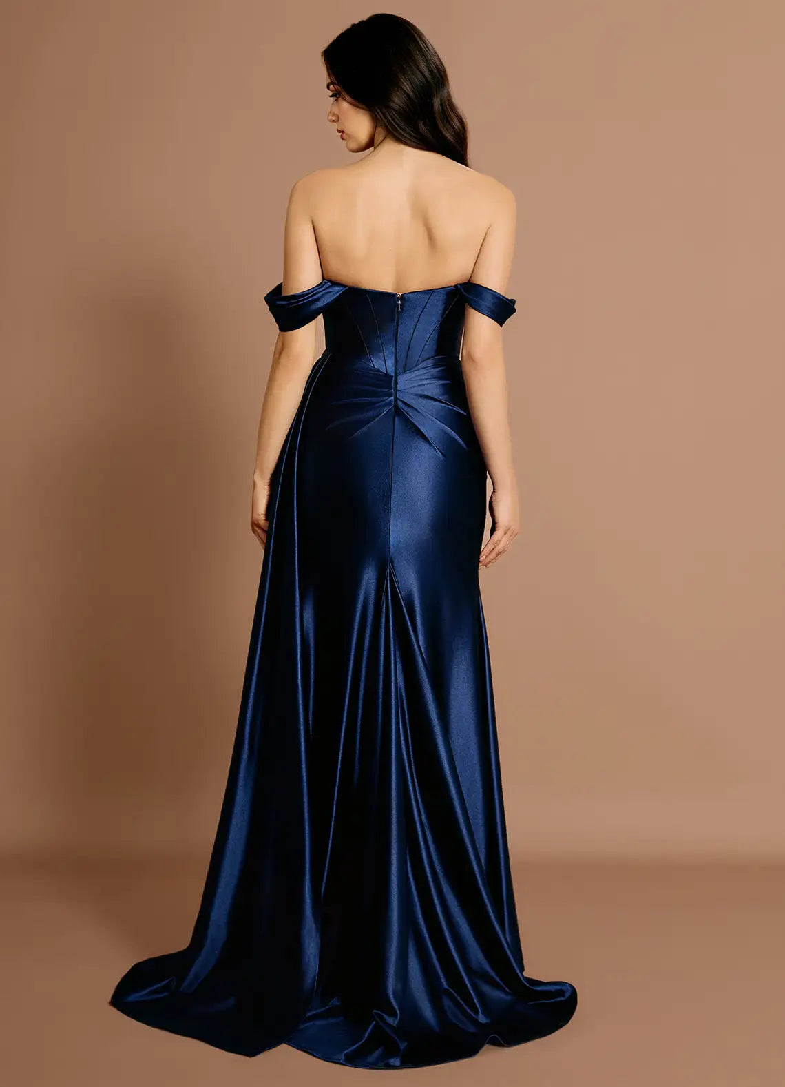 Mermaid Off-the-Shoulder Satin Navy Maxi Evening Dress With Streamer