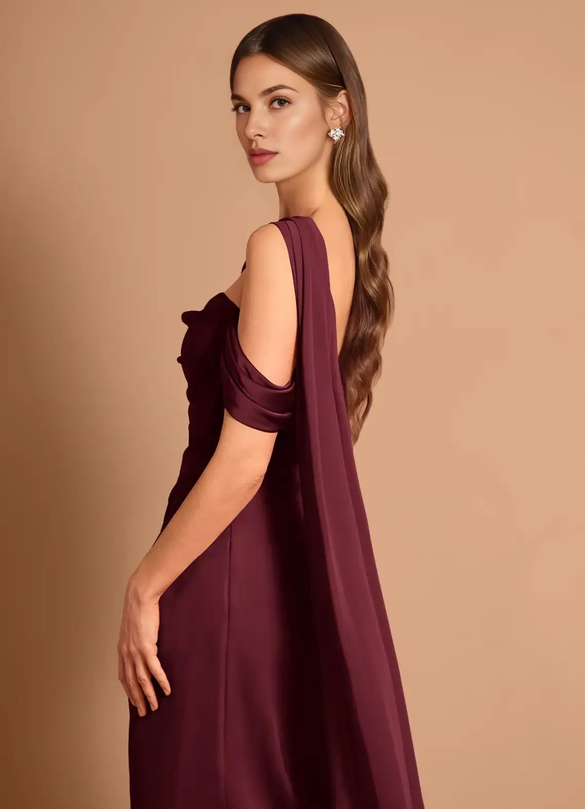 Mermaid Off-the-Shoulder Satin Wine Maxi Evening Dress With Streamer