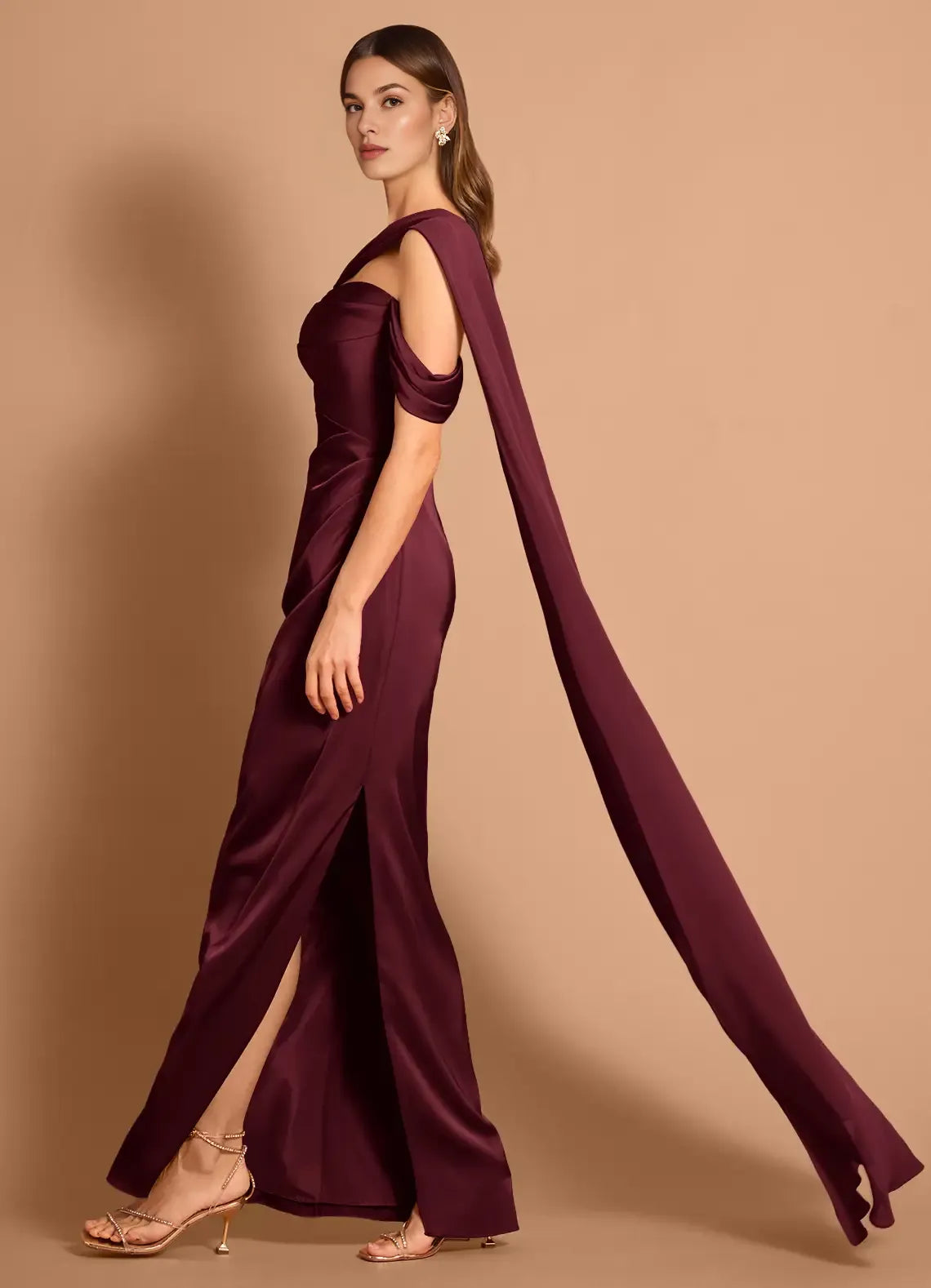 Mermaid Off-the-Shoulder Satin Wine Maxi Evening Dress With Streamer